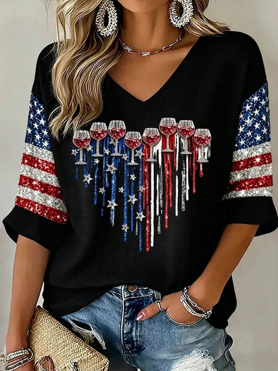 American Flag Heart Cropped Sleeve V-Neck T-Shirt 4th Of July Merch Patriotic Gift - Merchluma