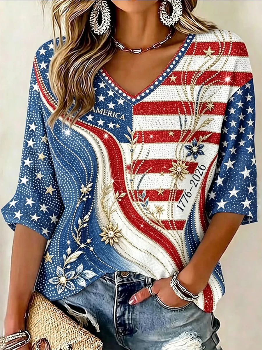 America 1776-2026 Cropped Sleeve V-Neck T-Shirt American Flag Merch Proud Patriotic Gift - Merchluma