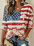 American Flag Cross Cropped Sleeve V-Neck T-Shirt American Floral Merch Independence Day Gift - Merchluma