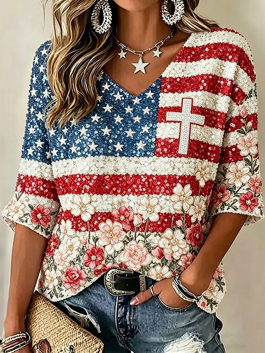American Flag Cross Cropped Sleeve V-Neck T-Shirt American Floral Merch Independence Day Gift - Merchluma