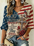 God Bless America Cropped Sleeve V-Neck T-Shirt I Will Stand For The Flag Merch Patriotic Gift - Merchluma