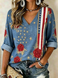 United States 1776 Eagle Cropped Sleeve V-Neck T-Shirt Stars And Roses Merch Present For Mom - Merchluma
