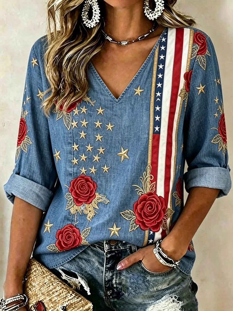 United States 1776 Eagle Cropped Sleeve V-Neck T-Shirt Stars And Roses Merch Present For Mom - Merchluma
