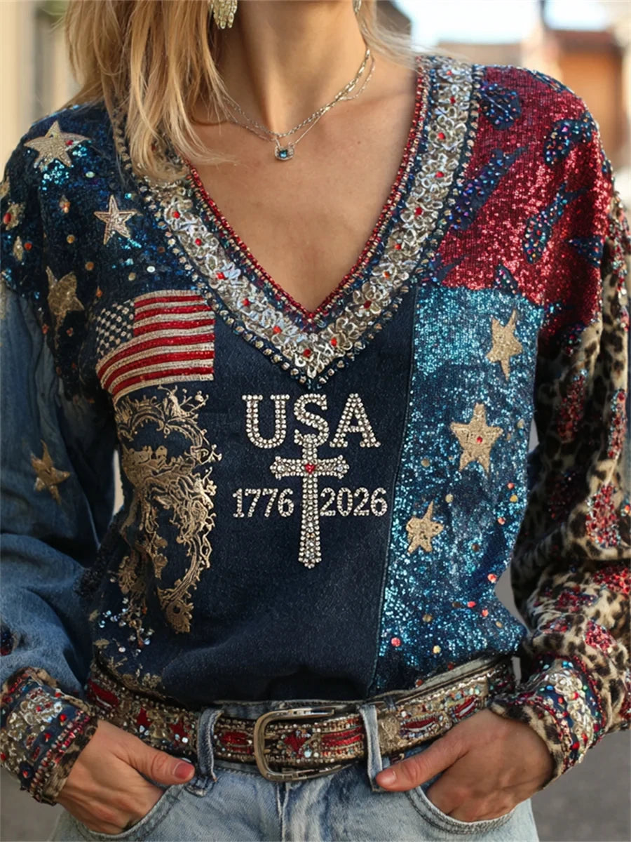 USA 1776-2026 America Flag V-Neck Long Sleeve Shirt 4th Of July Merch Independence Day Gift - Merchluma