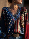USA American Flag V-Neck Long Sleeve Shirt 4th Of July Merch Patriotic Gift - Merchluma