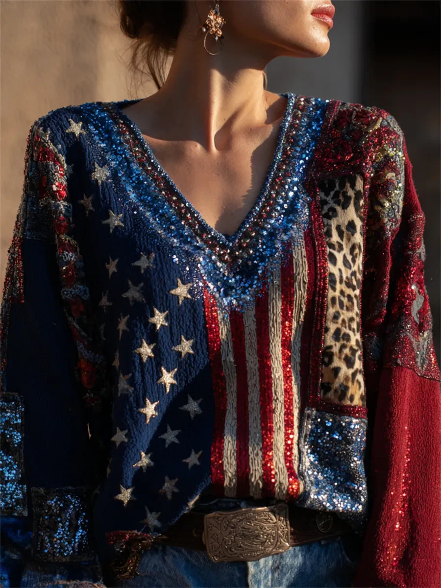 USA American Flag V-Neck Long Sleeve Shirt 4th Of July Merch Patriotic Gift - Merchluma
