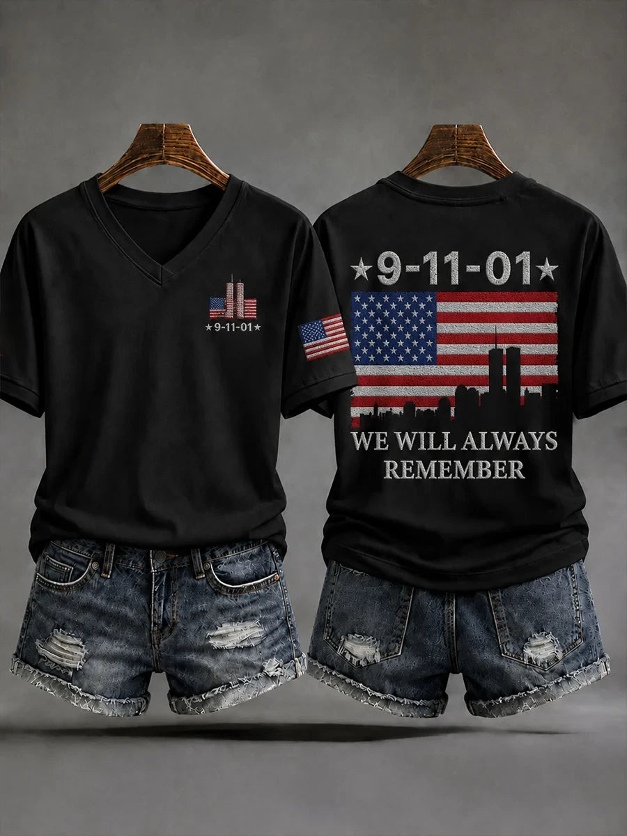 911 343 Fireman Never Forget USA Flag V-Neck Shirt We Will Always Remember Merch Patriotic Gift - Merchluma