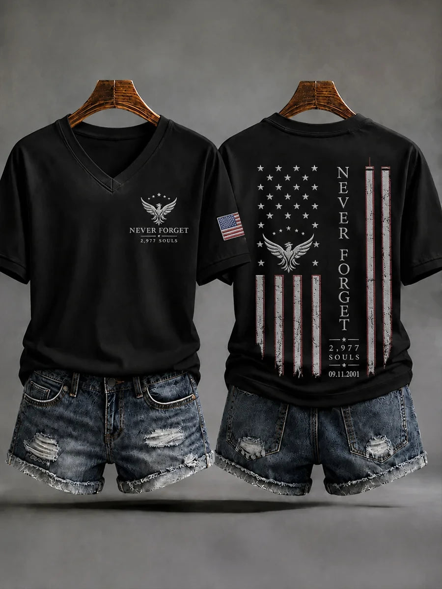 911 25 Never Forget V-Neck Shirt 343 Fireman Twin Towers Merch September 11 Memorial Apparel - Merchluma
