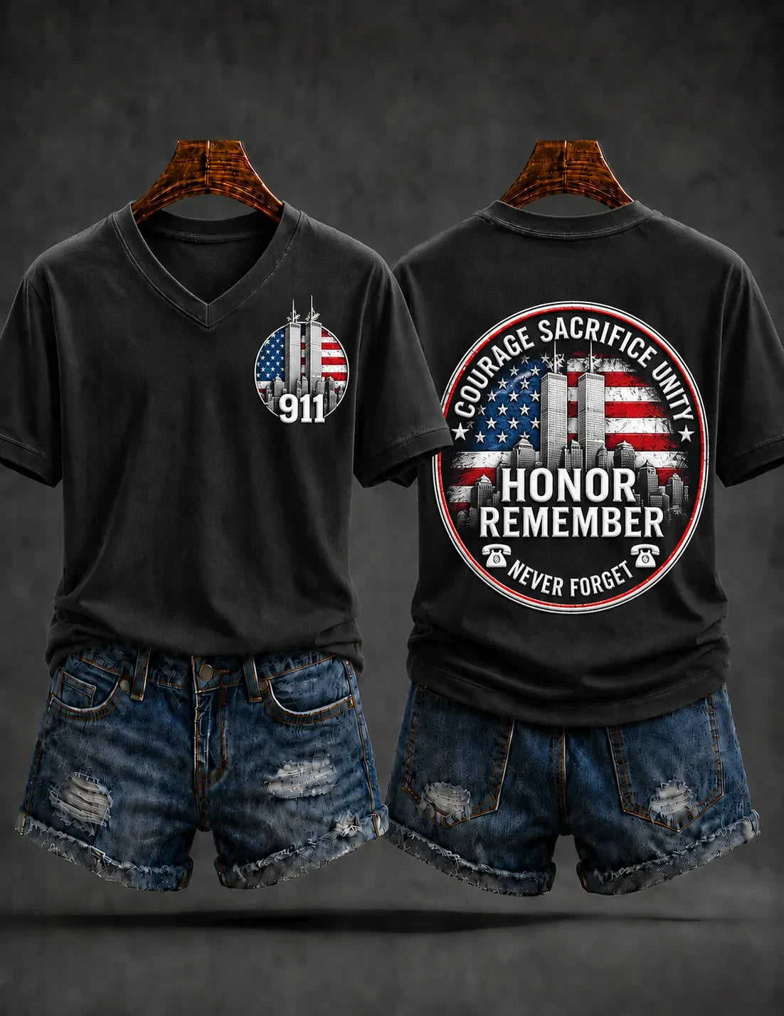 Courage Sacrifice Unity 911 V-Neck Shirt We Will Never Forget Merch Patriot Day Gifts For Her - Merchluma