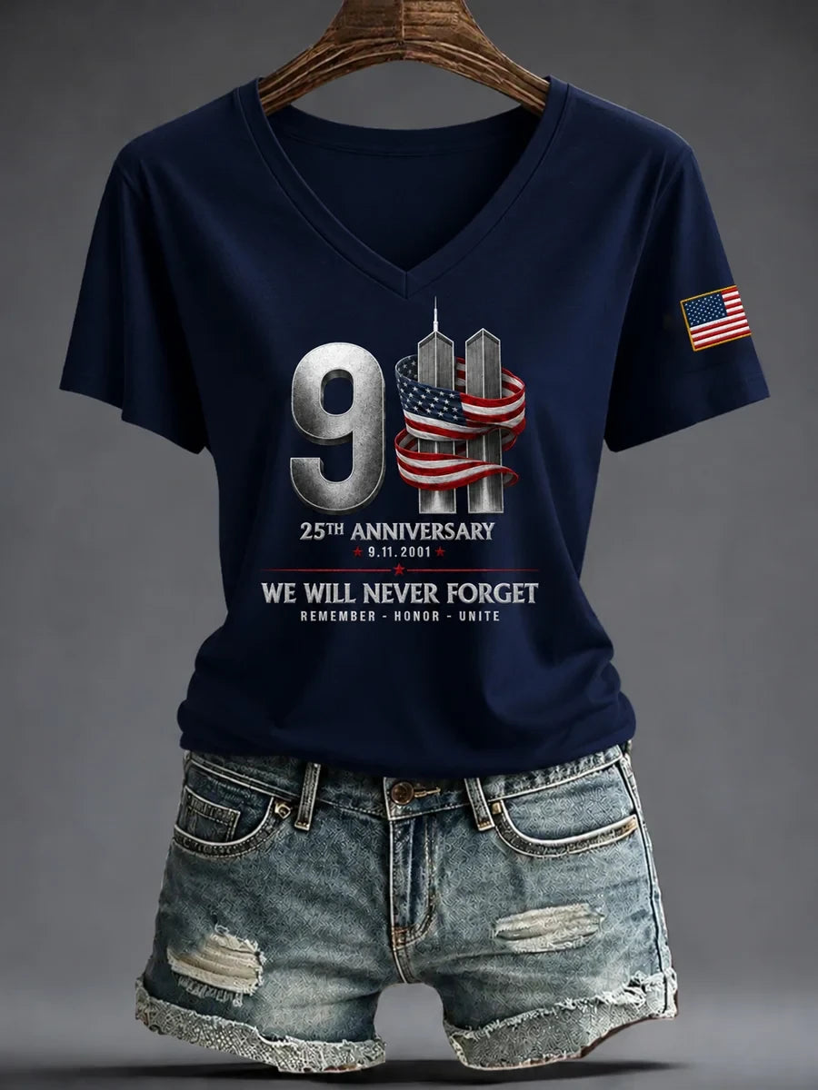 Never Forget 9-11 25th Anniversary V-Neck Shirt We Will Never Forget Merch Gifts For Mom - Merchluma