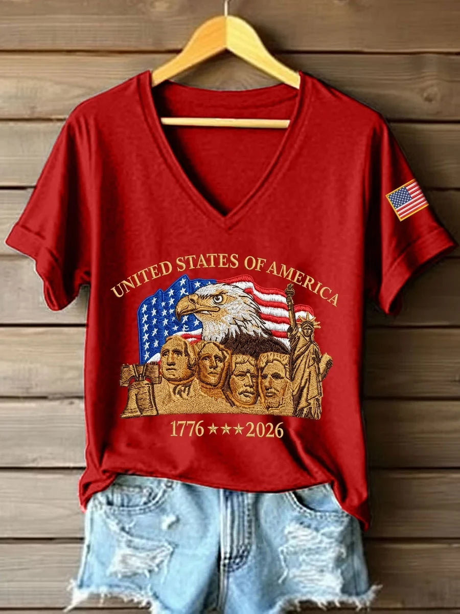 United States Of America V-Neck Shirt 1776-2026 American Flag Merch Patriotic Gift - Merchluma
