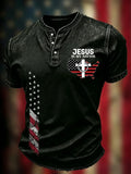 Jesus Is My Savior Henley Shirt American Flag Merch Faithful Patriotic Christian Gift - Merchluma