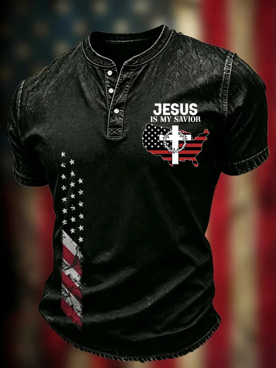 Jesus Is My Savior Henley Shirt American Flag Merch Faithful Patriotic Christian Gift - Merchluma