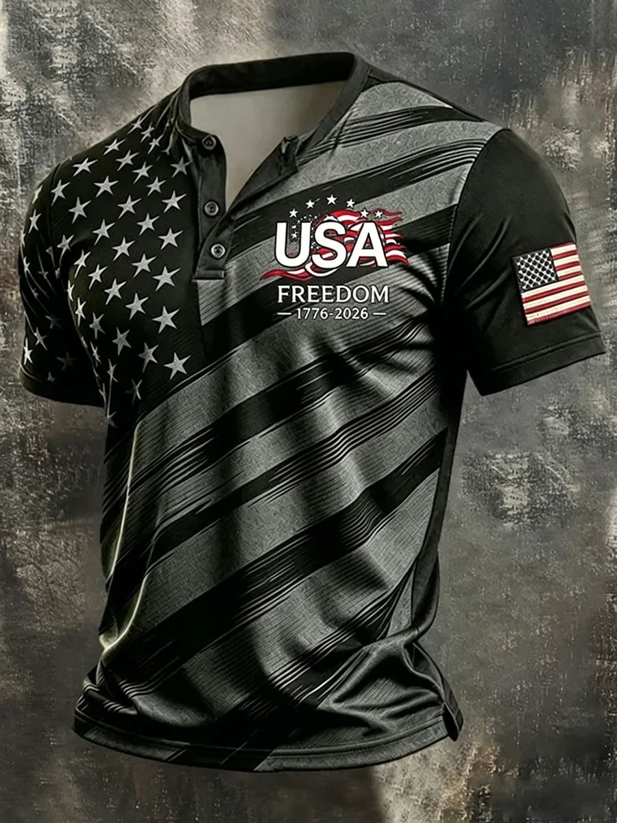 USA American Flag 1776 Henley Shirt Liberty 1776-2026 Merch Proud Patriotic Gift For Dad - Merchluma