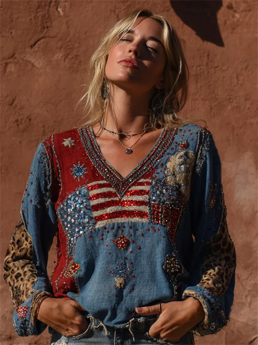 USA 1776-2026 American Flag Long Sleeve Shirt Boho American Flag Leopard Glitter Merch Mom Gift - Merchluma