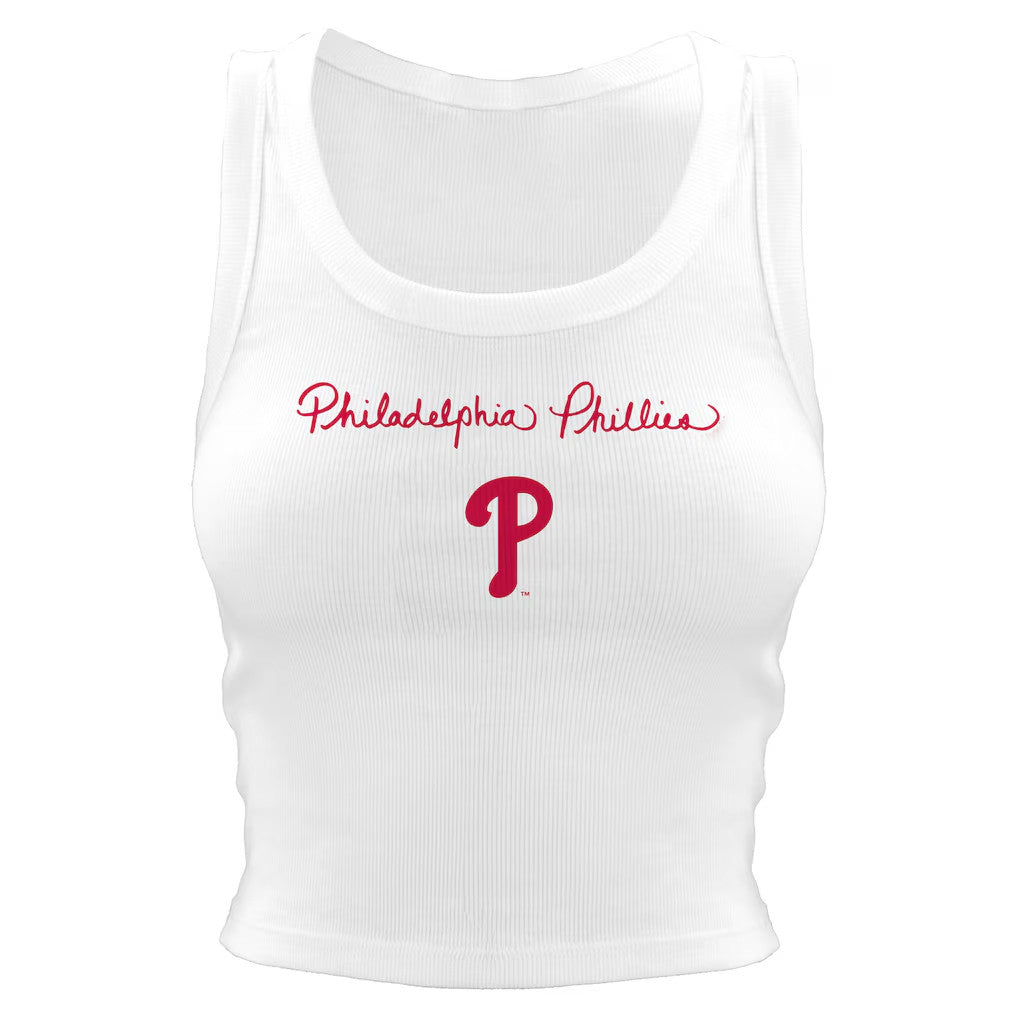 Philadelphia Phillies Merch 2026 Phillies Tiny Turnip Script Logo Crop Tank Top White Women's - Merchluma