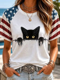 American Flag Peeking Cat T-Shirt Stars Stripes Merch Cute Patriotic Women Gift - Merchluma