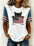 USA Flag Peeking Cat T-Shirt 1776-2026 Stars Stripes Merch Patriotic Women Gift - Merchluma