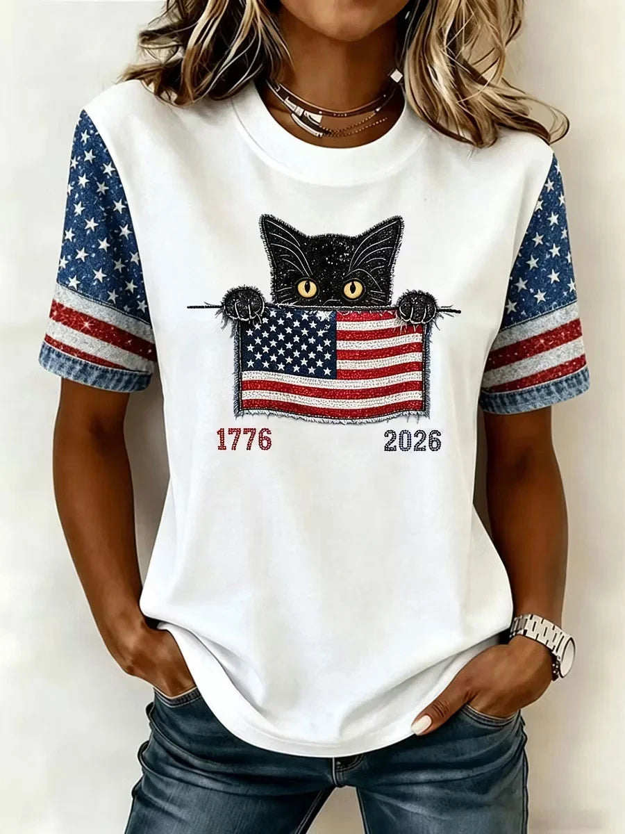 USA Flag Peeking Cat T-Shirt 1776-2026 Stars Stripes Merch Patriotic Women Gift - Merchluma
