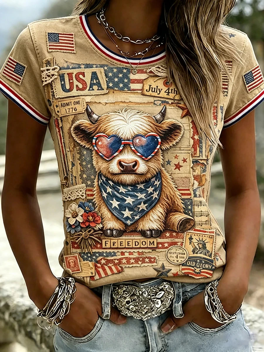 America American Flag Vintage T-Shirt Highland Cow Merch Proud Patriotic Her Gift - Merchluma