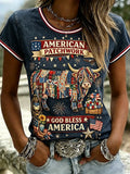 America Patriotic Patchwork T-Shirt American Flag Highland Cow Merch Proud Patriotic Gift - Merchluma