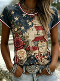 America Patriotic Patchwork T-Shirt American Flag Rose Merch Proud Patriotic Gift Idea - Merchluma