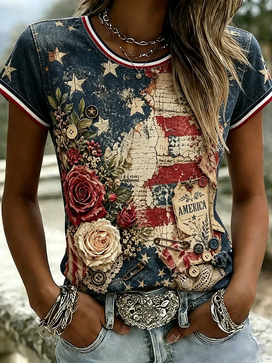 America Patriotic Patchwork T-Shirt American Flag Rose Merch Proud Patriotic Gift Idea - Merchluma