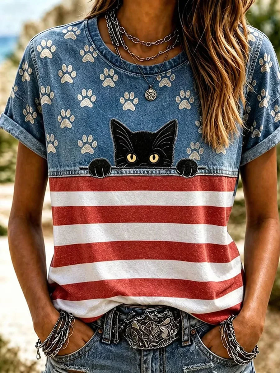 American Flag Peeking Cat T-Shirt Stars Stripes Merch Cute Patriotic Women Gift - Merchluma
