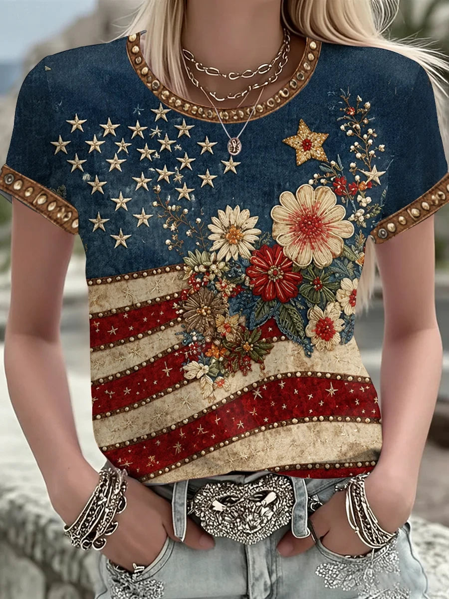 USA United States Of America T-Shirt 1776-2026 American Flag Floral Merch Her Gift - Merchluma