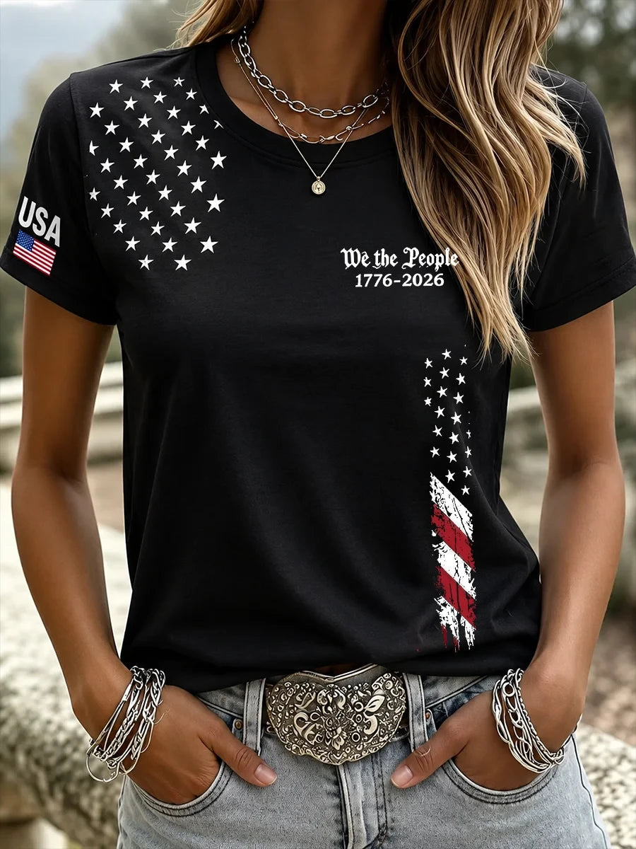 We The People 1776-2026 T-Shirt American Flag Stars Stripes Merch Patriotic Women Gift - Merchluma