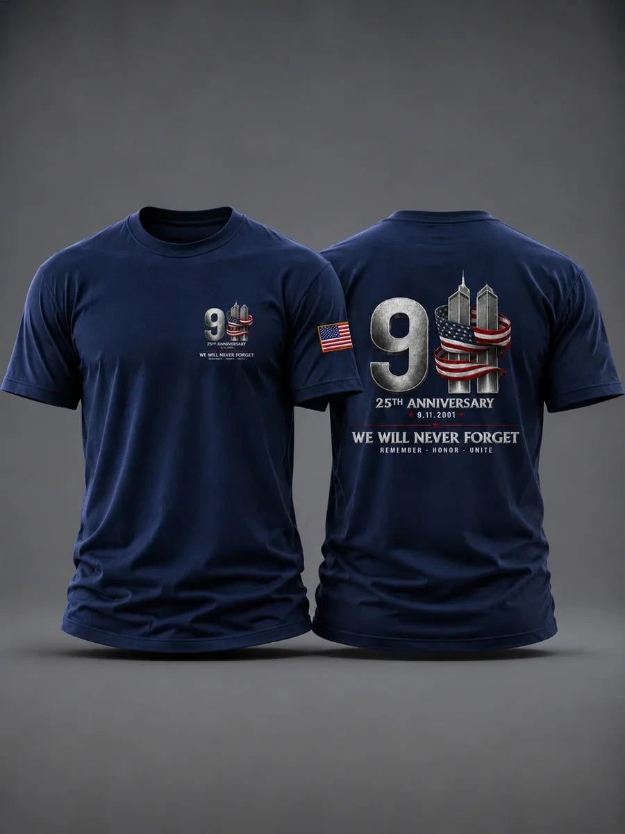 We Will Never Forget 911 T-Shirt Twin Towers 25th Anniversary Merch September 11 Gift - Merchluma