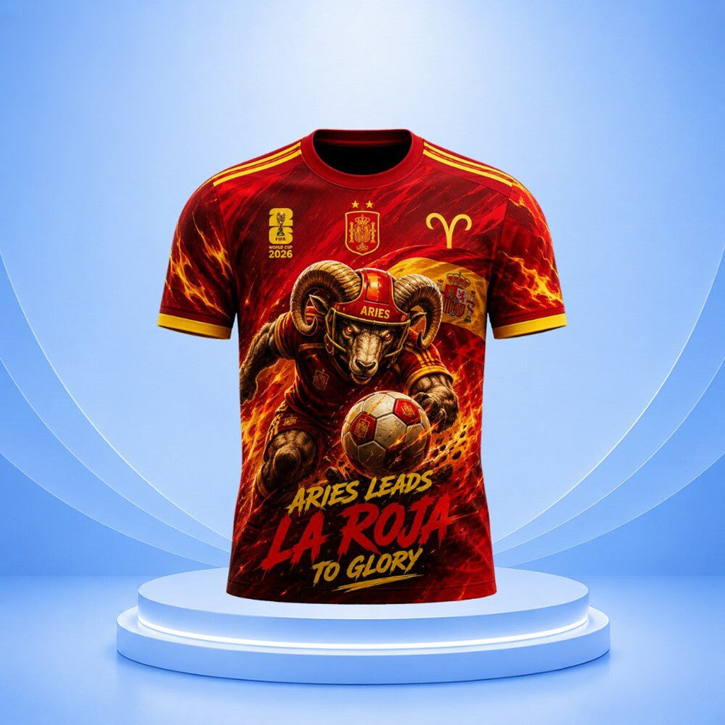 Spain X Zodiac FIFA WC 2026 Merch Aries Leads La Roja To Glory Spain Soccer Shirt Gifts For Son - Merchluma