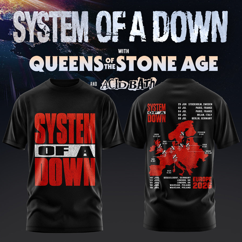 System Of A Down UK And Europe Tour 2026 Black T-Shirt SOAD Merch Gift Ideas For Husband - Merchluma