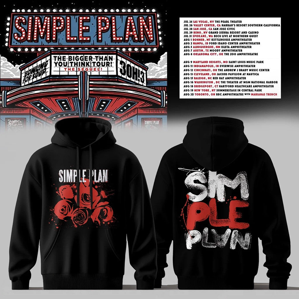 Simple Plan The Bigger Than You Think Tour Rose Hoodie Black Simple Plan Merch Fans Gifts - Merchluma