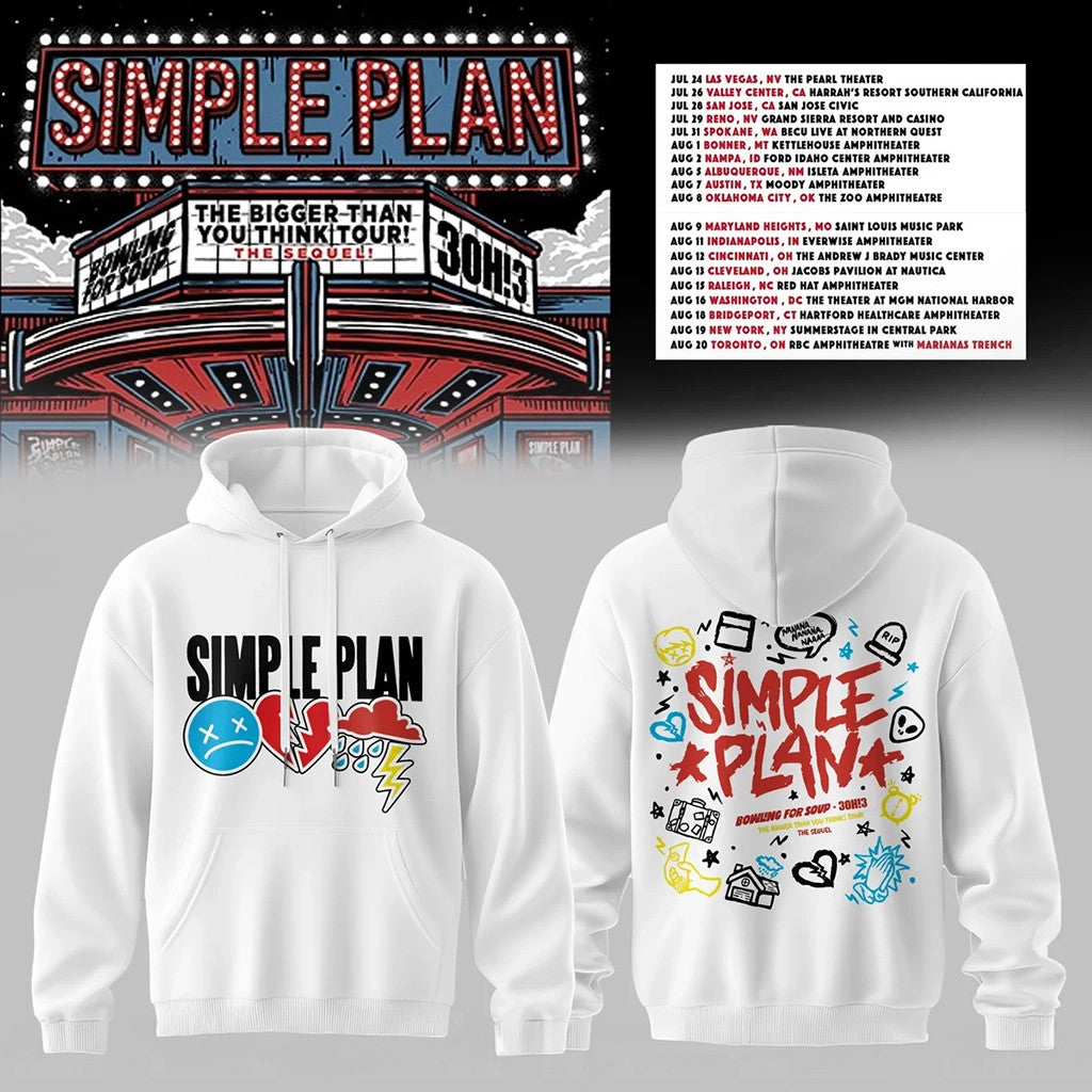 Simple Plan The Bigger Than You Think Tour The Sequel Doodle Icons Hoodie White Simple Plan Merch - Merchluma
