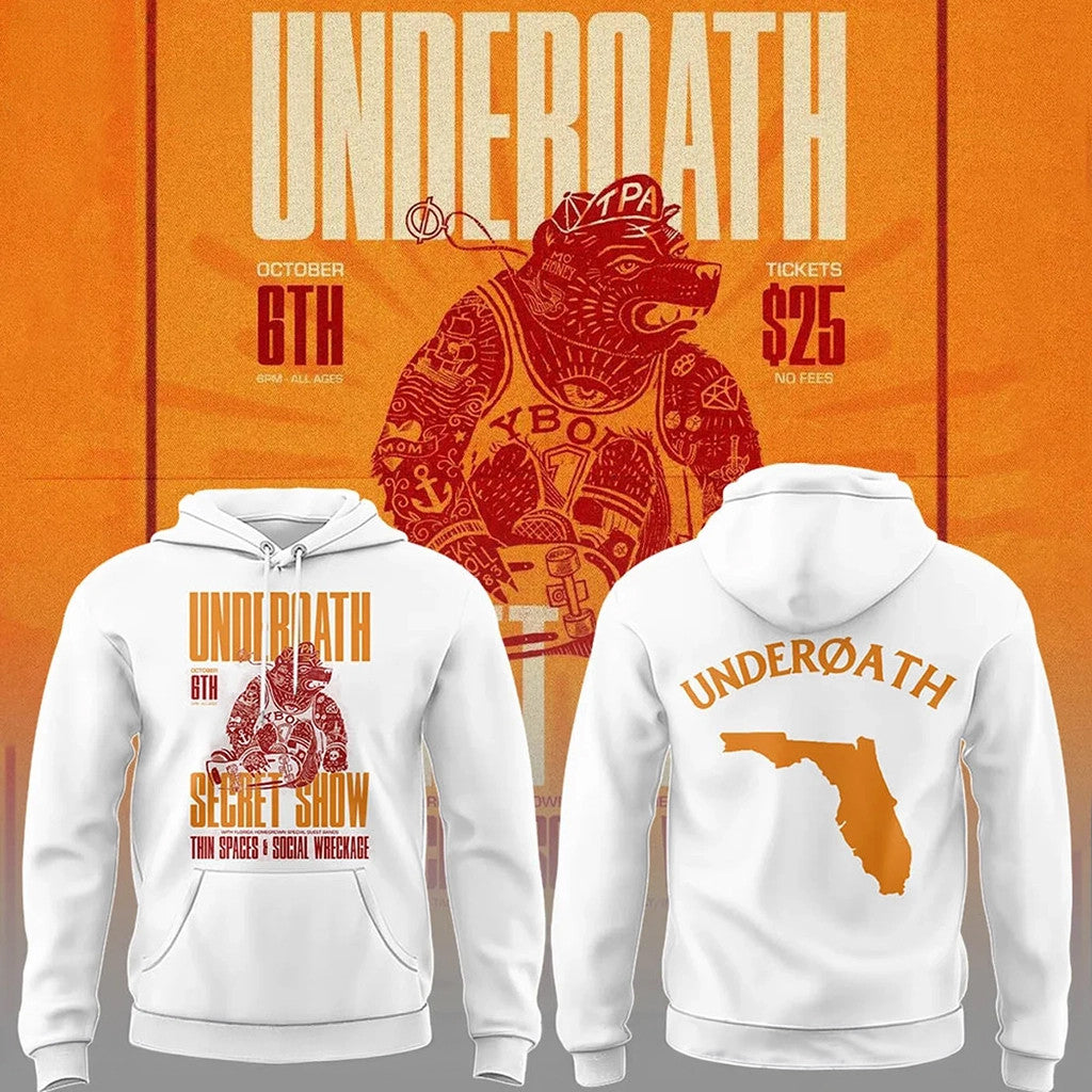 Underoath Merch 2026 Underoath Tour 2026 X Tampa Hoodie White Underoath Secret Show Merch - Merchluma