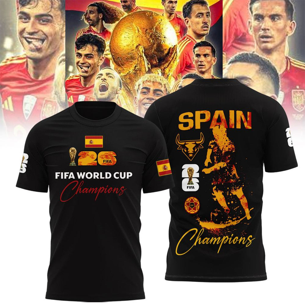 Spain FIFA World Cup Champions 2026 T-Shirt Black Spain World Champions Merch Football Fan Gift - Merchluma
