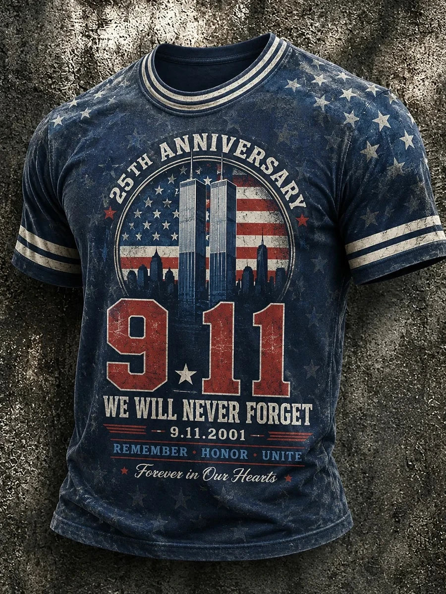 25th Anniversary 911 We Will Never Forget T-Shirt Twin Towers Shirt Gifts For Husband - Merchluma