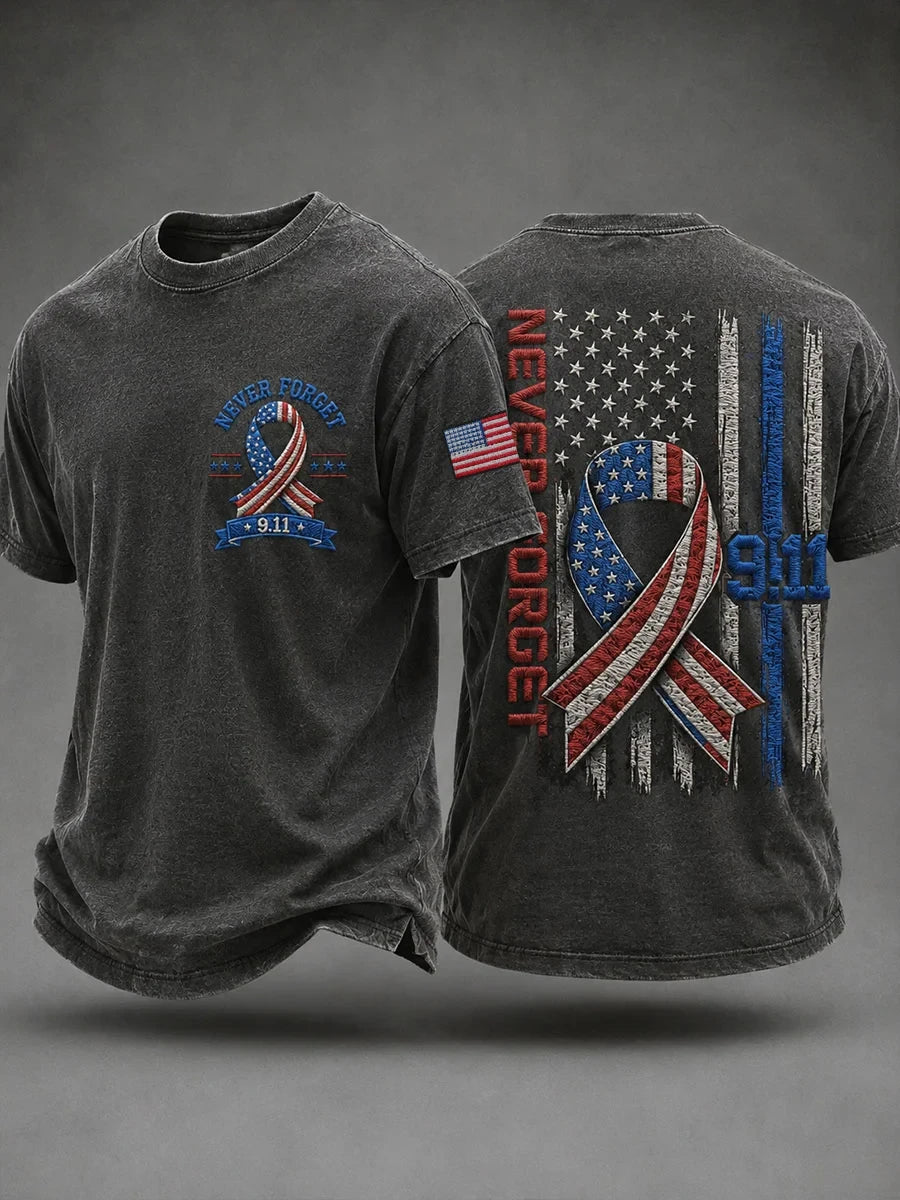 911 Never Forget USA Flag T-Shirt 343 Fireman 25th Anniversary Merch America Patriot Day Gift - Merchluma