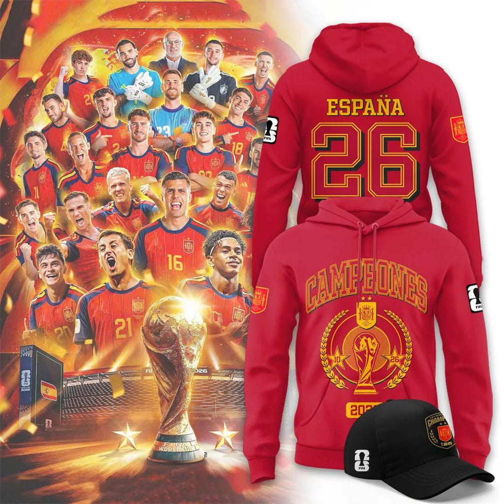 Spain World Cup 2026 Campeones Red Hoodie Spain 2-Star FIFA Champions Merch Gift For Fans - Merchluma