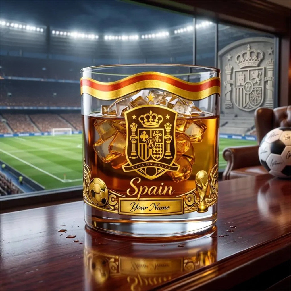 Personalized Spain National Soccer Team Crest Whiskey Glass Spain World Cup 2026 Merch Fan Gift - Merchluma