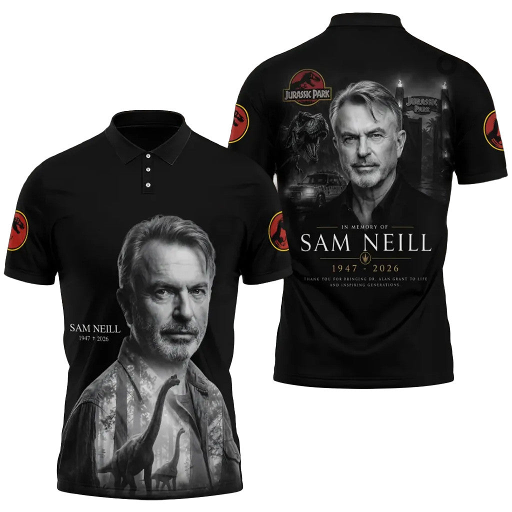 Sam Neill Jurassic Park Memorial Polo Shirt In Memory Of Sam Neill Merch Gifts For Him - Merchluma