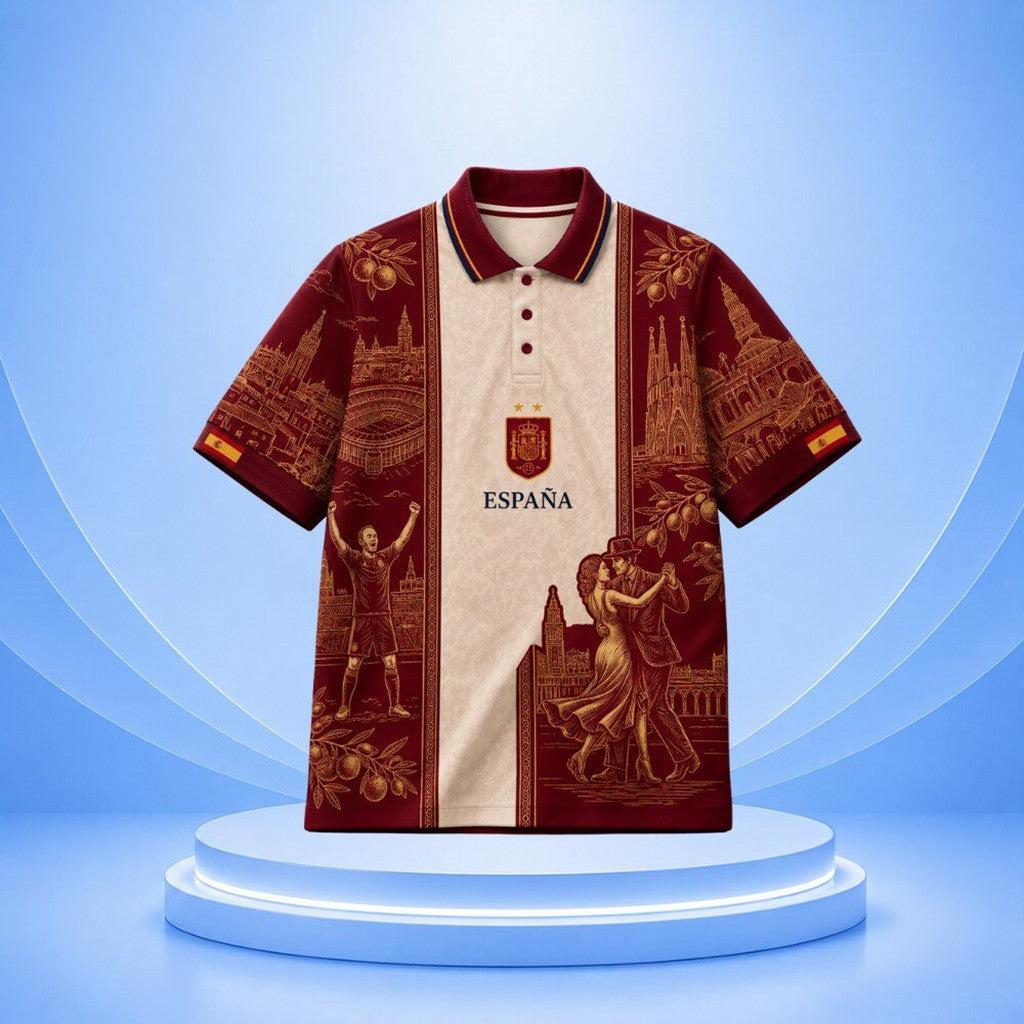 Spain Espana Soccer World Cup 2026 Polo Shirt Maroon Flamenco Dancer Barcelona Landmark Shirt - Merchluma
