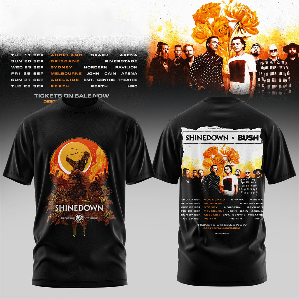 Shinedown X Bush Australia Tour 2026 T-Shirt Black Fan Merch Birthday Gift For Brothers - Merchluma