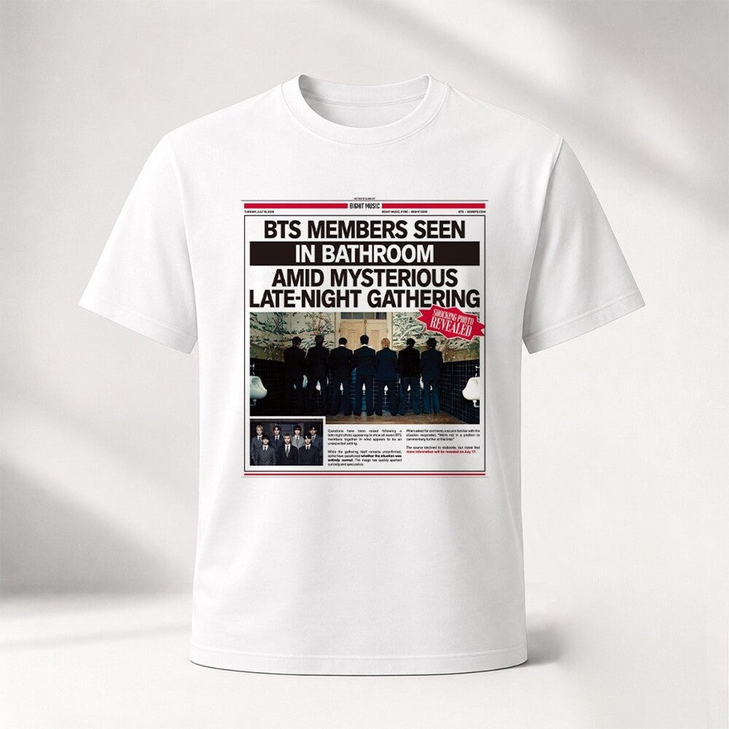 BTS Bathroom Mysterious Late Night Gathering Newspaper Headline T-Shirt 2026 BTS Merch - Merchluma