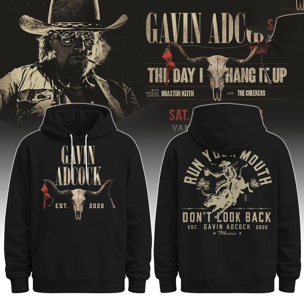 Gavin Adcock Merch 2026 The Day I Hang It Up Tour Hoodie Black Run Your Mouth Don't Look Back - Merchluma
