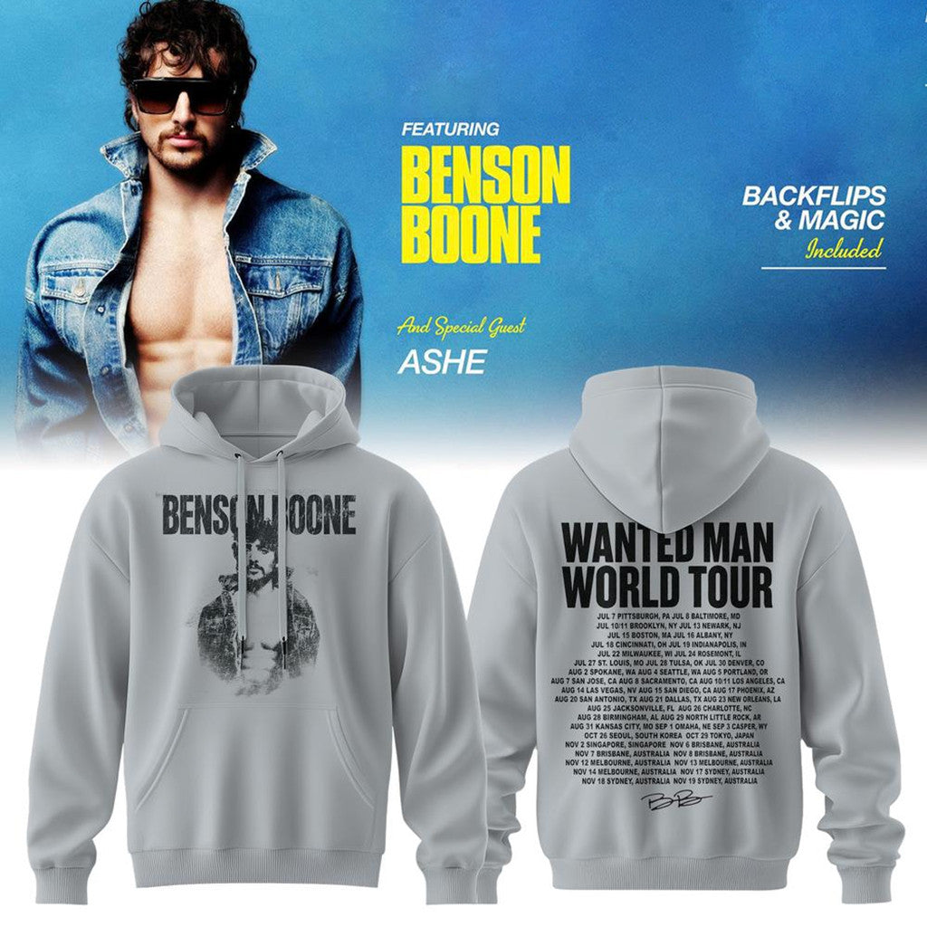 Benson Boone Merch 2026 Wanted Man World Tour Signature Hoodie Music Related Gifts For Guys - Merchluma