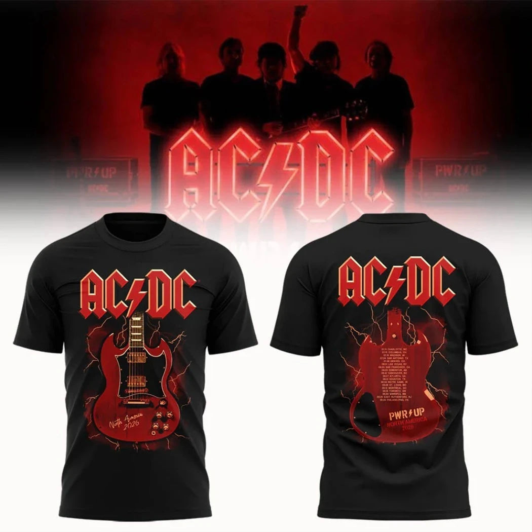 AC DC Power Up Tour Merch 2026 North America Red Guitar Lightning Black T-Shirt Concert Outfits - Merchluma