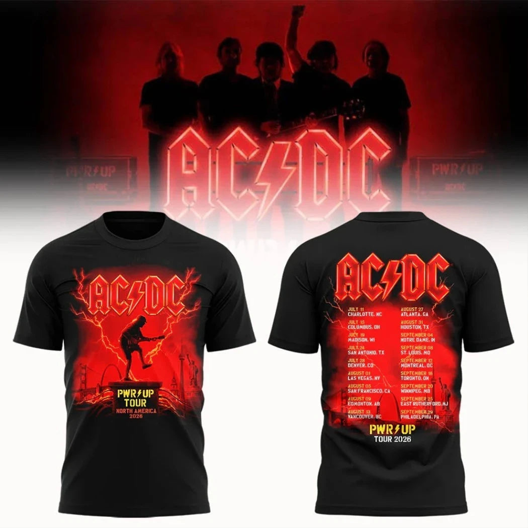 AC DC Tour Merch 2026 AC DC PWR UP Tour 2026 Black T-Shirt Guitarist Concert Dates Schedule Tee - Merchluma