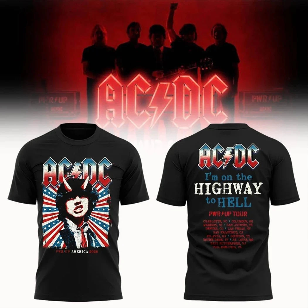 AC DC Tour Merch AC DC Highway To Hell PWR UP Tour 2026 Angus Young Black T-Shirt Fan Gifts - Merchluma
